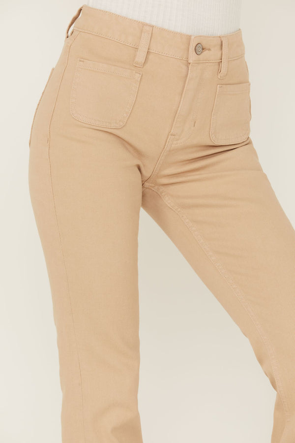 High Risin' Irish Cream Wash Stretch Front Patch Pocket Flare Jeans - Sand