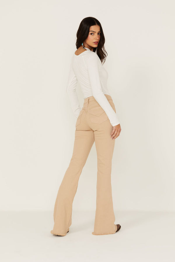 High Risin' Irish Cream Wash Stretch Front Patch Pocket Flare Jeans - Sand