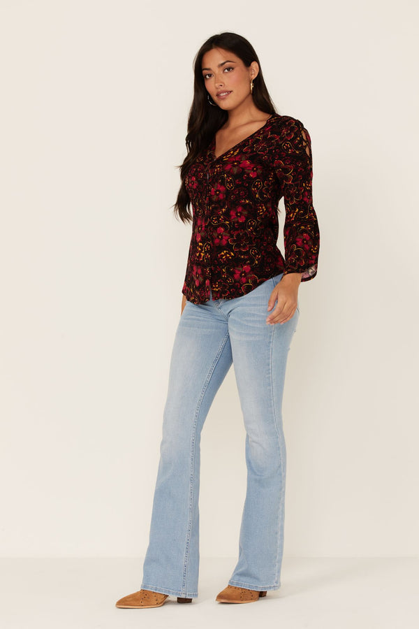 Black Floral Willow Branch Long Sleeve Top - Black