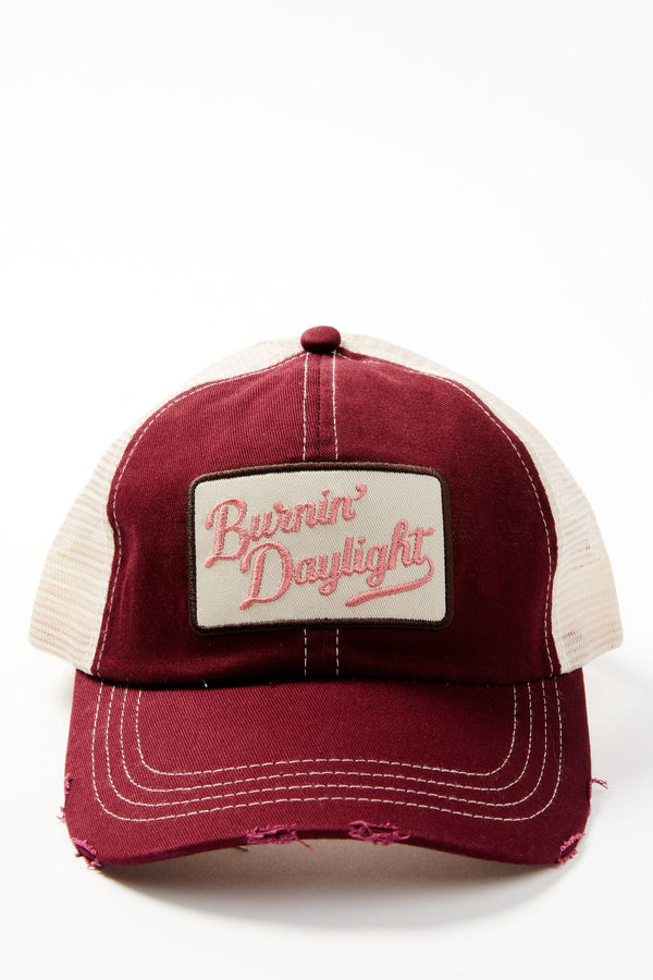 Burnin' Daylight Distressed Mesh Back Baseball Hat - Ruby