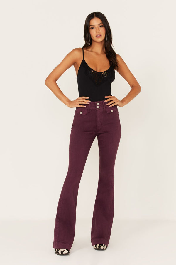 High Rise Flap Pocket Outlaw Flare Jeans - Purple