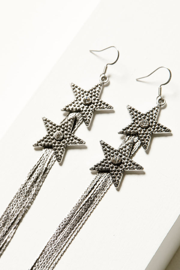 Skyline Star Fringe Earrings - Silver