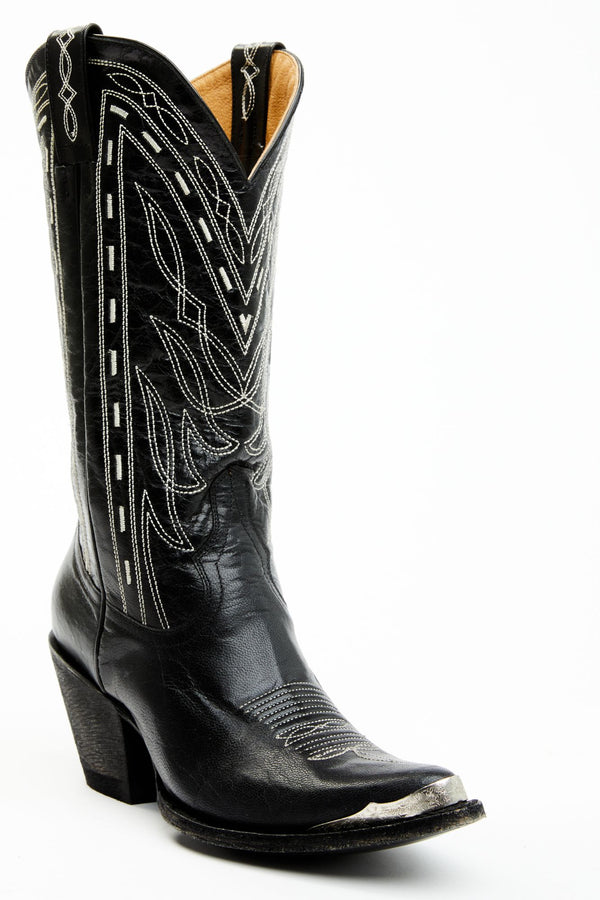 Retro Rock Goat Leather Western Boots - Round Toe - Black