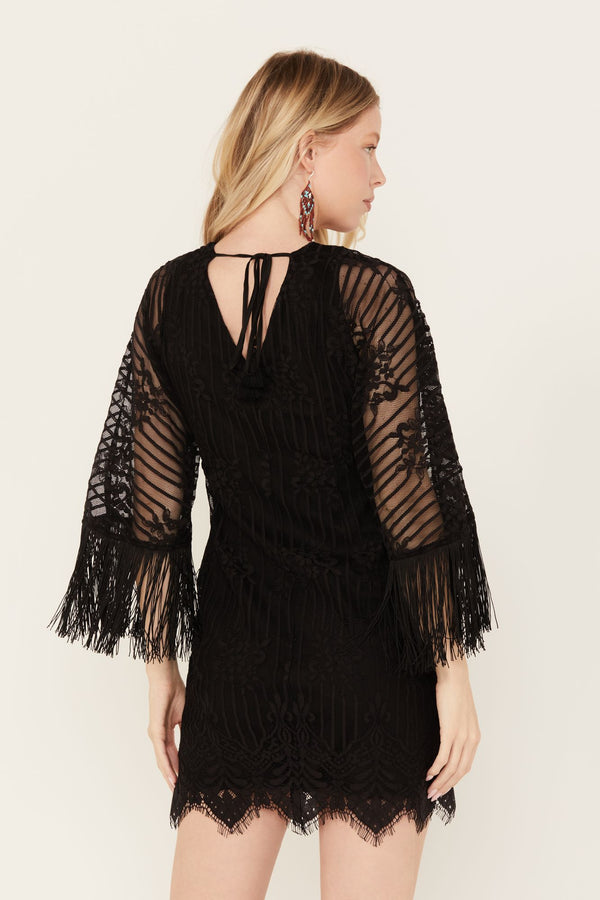 Celosia Lacy Fringe Dress - Black
