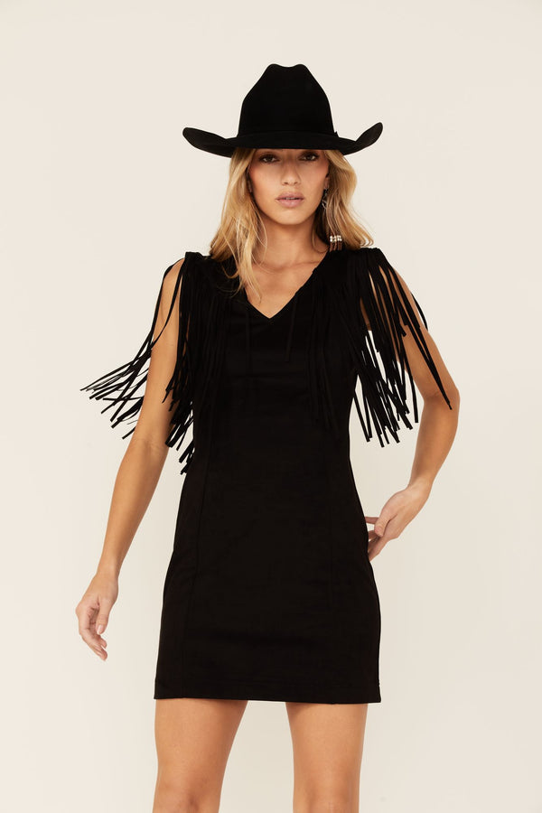 Lady Bird Fringe Faux Suede Dress - Black