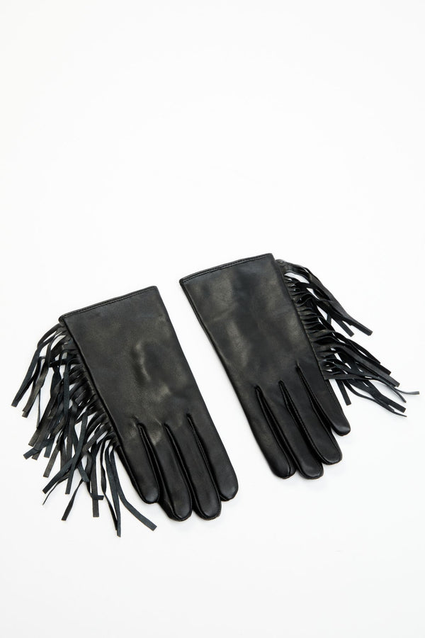 Black Leather Fringe Gloves - Black