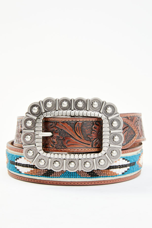 Genuine Leather Windriver Seed Bead Belt - Brown