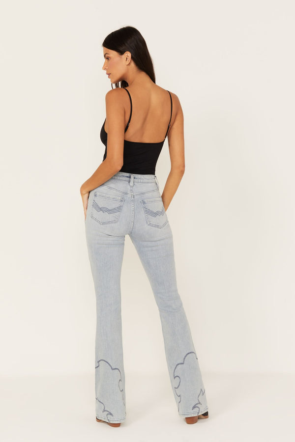 Darbi High Risin Western Stitched Flare Jeans - Light Wash