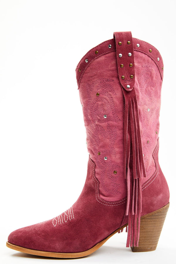 Sashay Fringe Studded Leather Western Boots - Round Toe - Pink