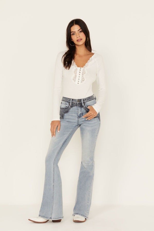 Loma Light Wash Contrast Wash High Risin' Stretch Flare Jeans - Light Wash