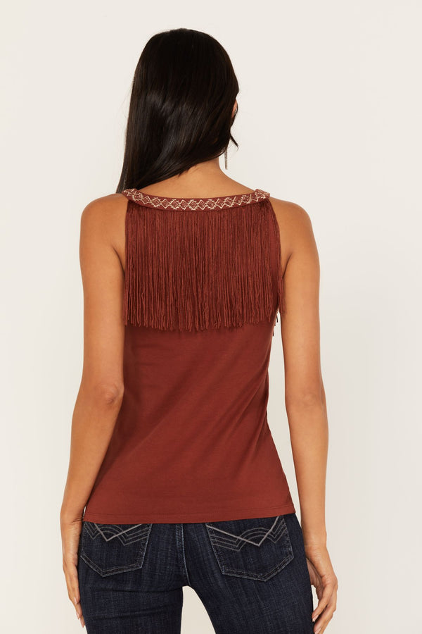 Songstress Embroidered Fringe Tank Top - Brandy Brown