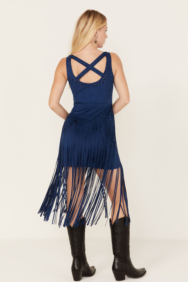 Country Mannor Faux Suede Fringe Dress - Navy
