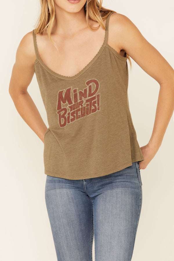 Mind Your Biscuits Graphic Trustie Tank Top - Olive