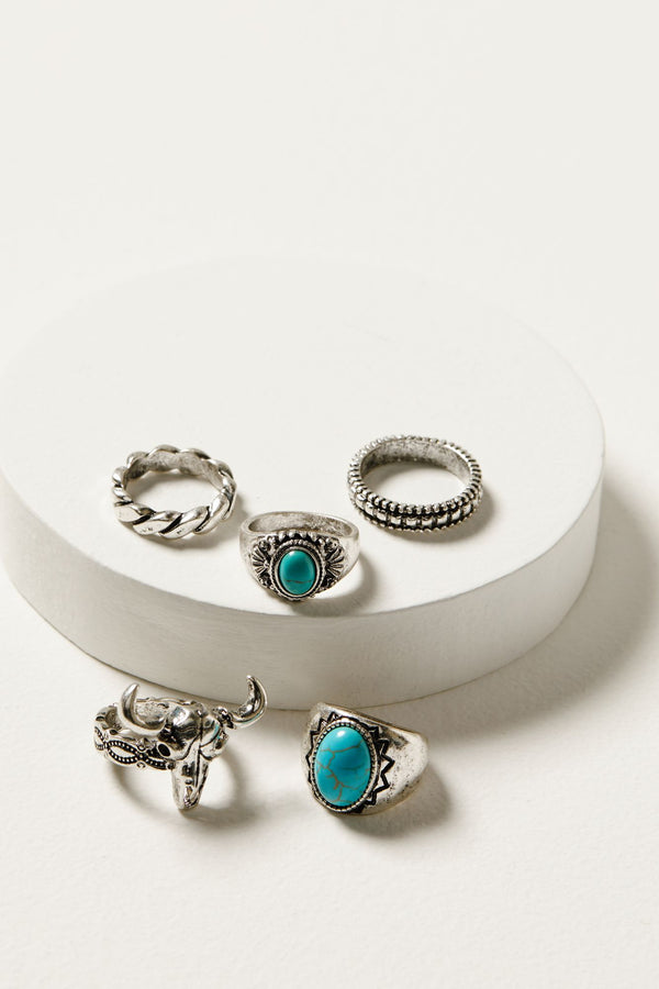 Meridian Silver & Turquoise 5-Piece Ring Set - Silver