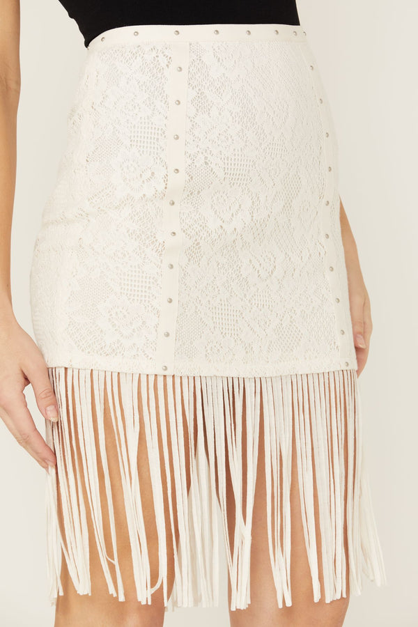 Ivory Crochet Lightning Fringe Skirt - Cream