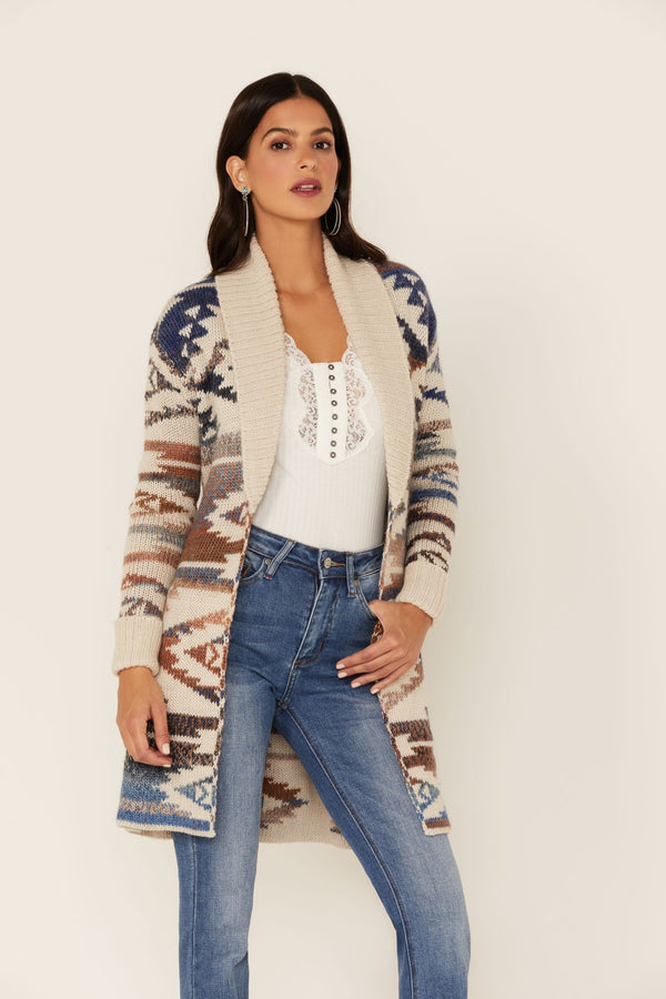 Country Wood Ombre Southwestern Cardigan Sweater - Cream