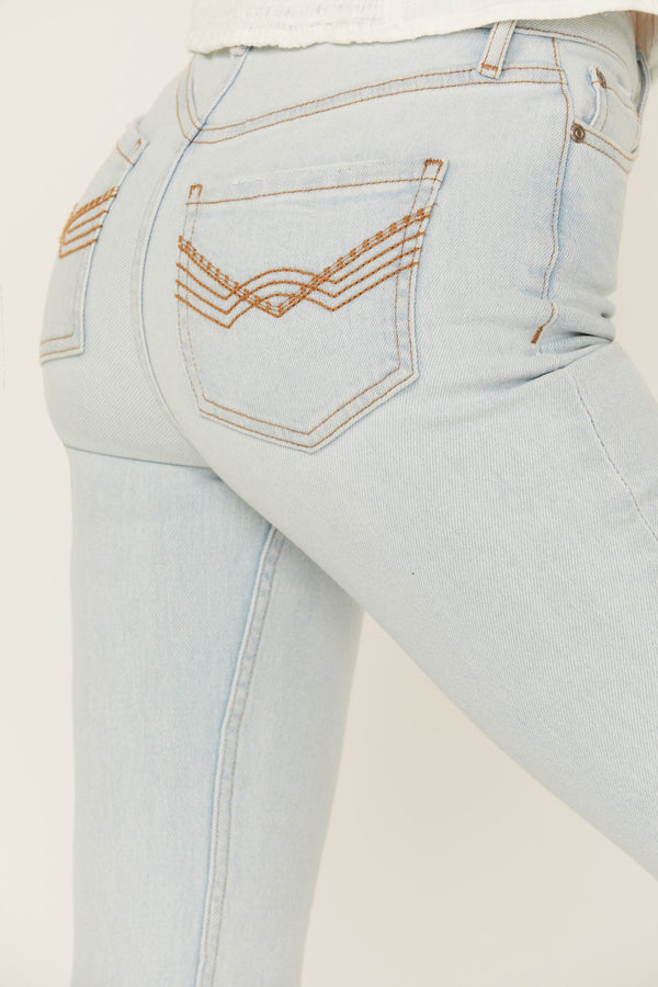 High Risin' Sunglow Wash Distressed Knee Flare Jeans - Light Wash