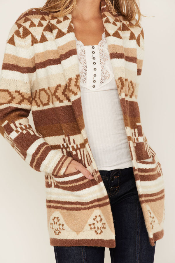Twin Pines Southwestern Stripe Print Cardigan Sweater - Ivory