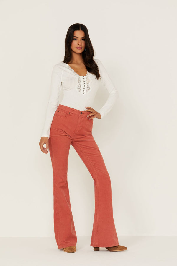 High Risin' Hot Sauce Stretch Signature Back Pockets Flare Corduroy Jeans - Brick Red
