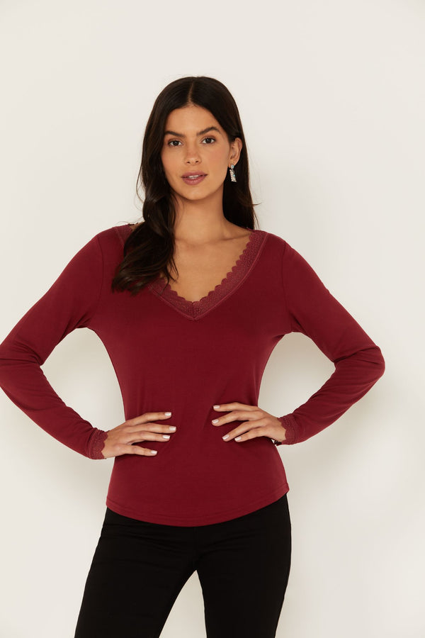 Taft Lace Insert Henley Top - Ruby