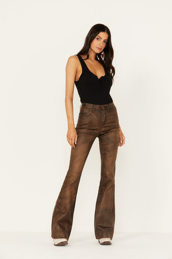 Rebel Flare Coated Faux Leather Stretch High Rise Jeans - Brown