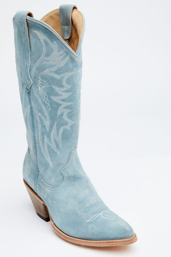 Charmed Life Blue Suede Western Boots - Round Toe