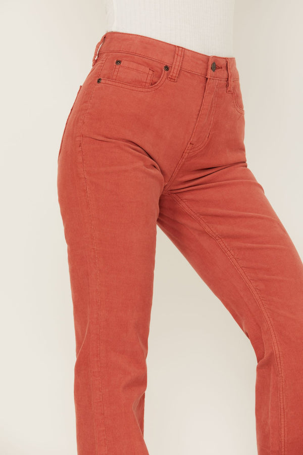 High Risin' Hot Sauce Stretch Signature Back Pockets Flare Corduroy Jeans - Brick Red