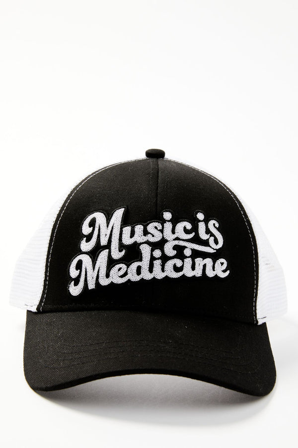 Music Is Medicine Embroidered Mesh Back Baseball Hat - Black