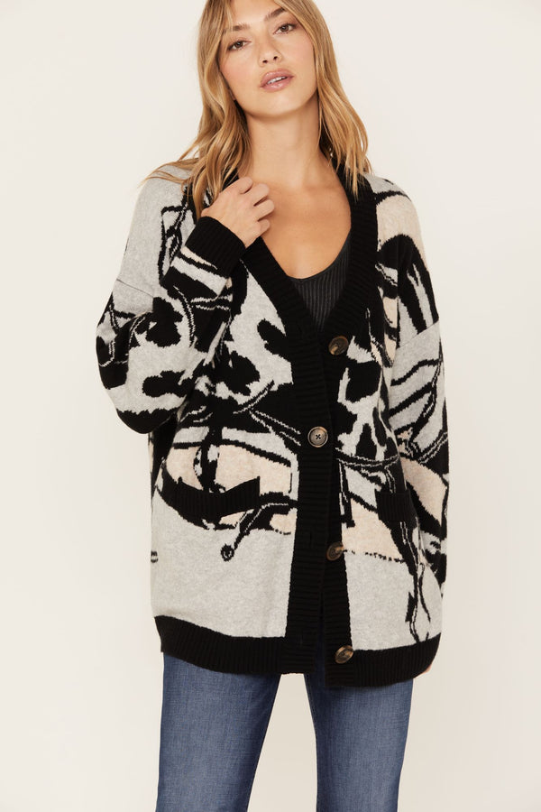 Alice Floral Abstract Cardigan Sweater - Grey