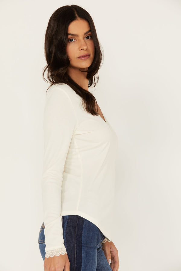 Taft Lace Insert Henley Top - Ivory