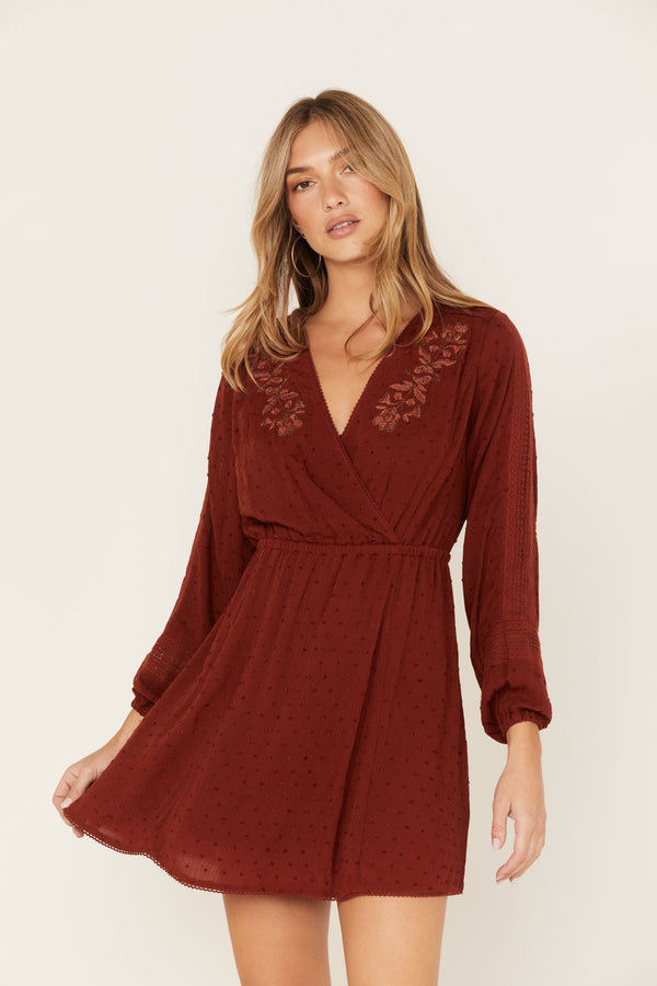 Floral Embroidered Swiss Dot Wrap Dress - Brandy Brown