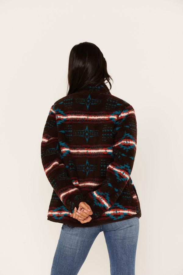 Marfa Southwestern Serape Print Polar Fleece Jacket - Dark Brown