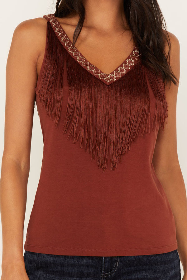 Songstress Embroidered Fringe Tank Top - Brandy Brown