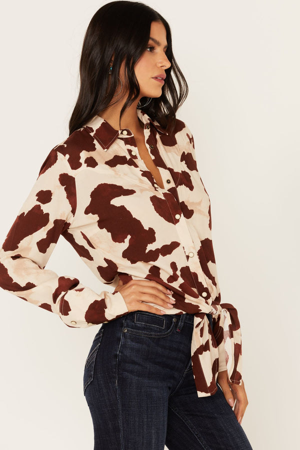Cow Print Tie Front Long Sleeve Western Shirt - Cream