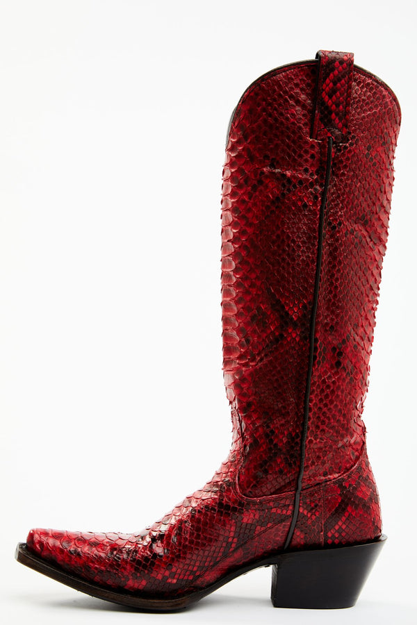 Slay Exotic Python Tall Western Boots - Snip Toe - Red