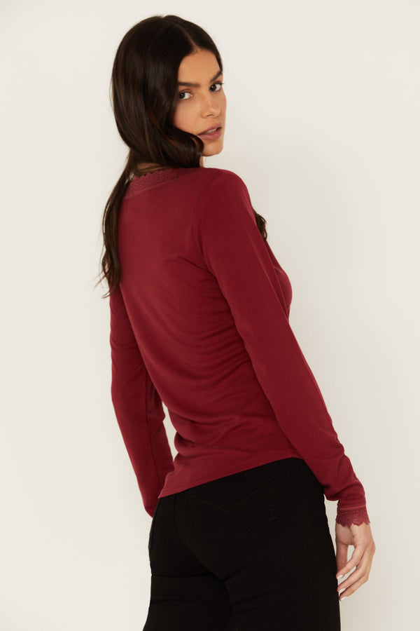 Taft Lace Insert Henley Top - Ruby