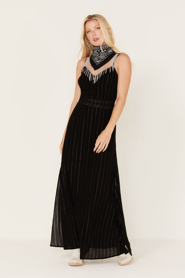Metallic Stripe Maxi Slip Dress - Black