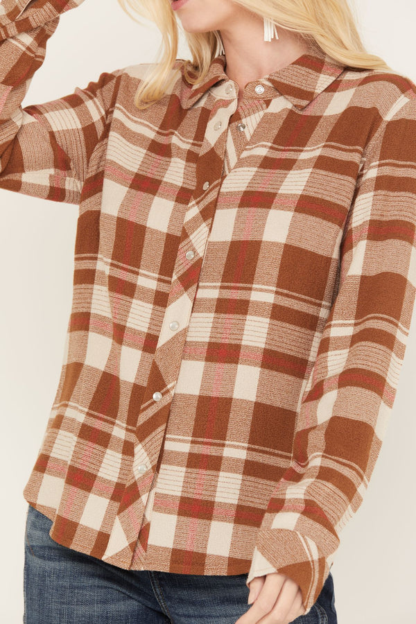 Woodlands Feather Light Plaid Western Top - Brown