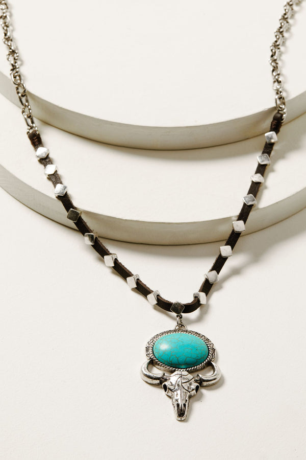 Lavergne Turquoise Stone Bull Head Necklace - Silver