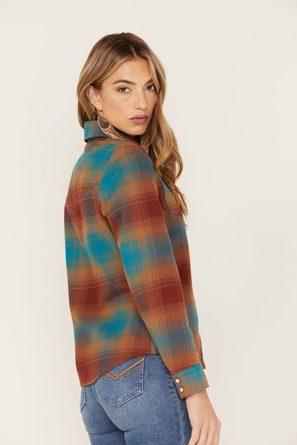 Ombre Plaid Print Long Sleeve Snap Western Top - Blue