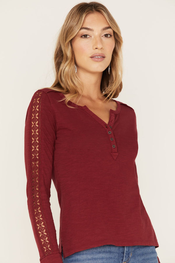 Lucky Brand Burgundy Long Sleeve Embroidered Top Size Small