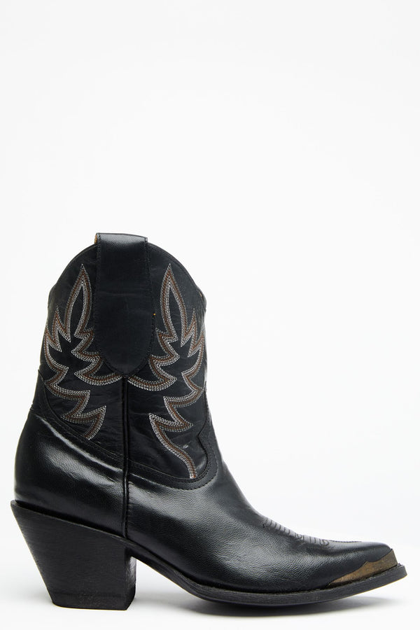 Wheels Black Leather Western Booties - Round Toe - Black