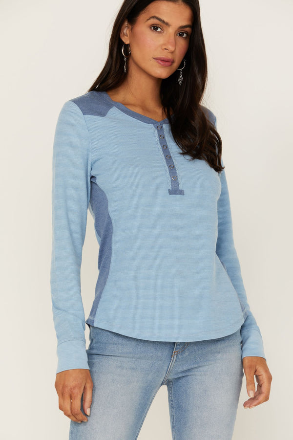 Moon Road Blue Waffle Knit Henley Top - Blue