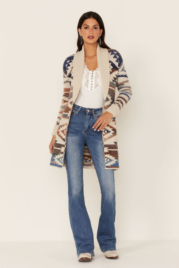 Country Wood Ombre Southwestern Cardigan Sweater - Cream
