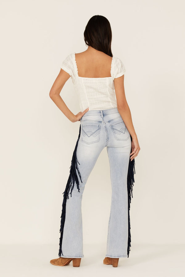Rebel Imperial Wash Faux Suede Fringe Mid Rise Bootcut Jeans - Light Medium Wash