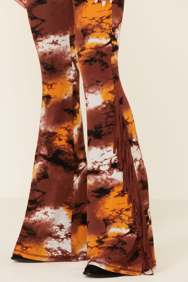 High Rise Rust Copper Tie-Dye Fringe Leggings - Rust Copper