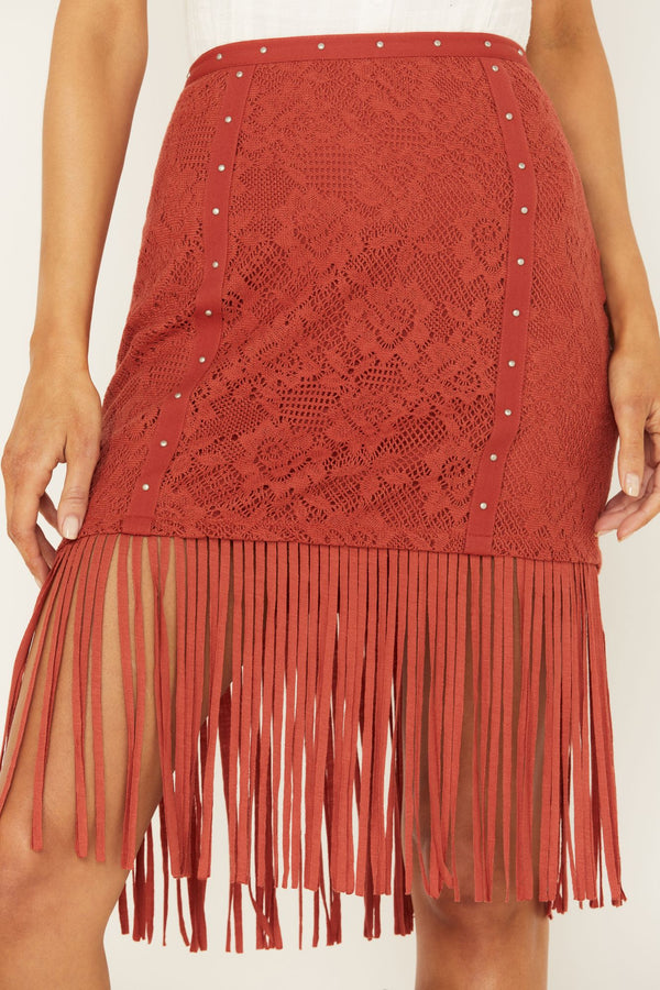 Crochet Lightning Fringe Skirt - Brick Red