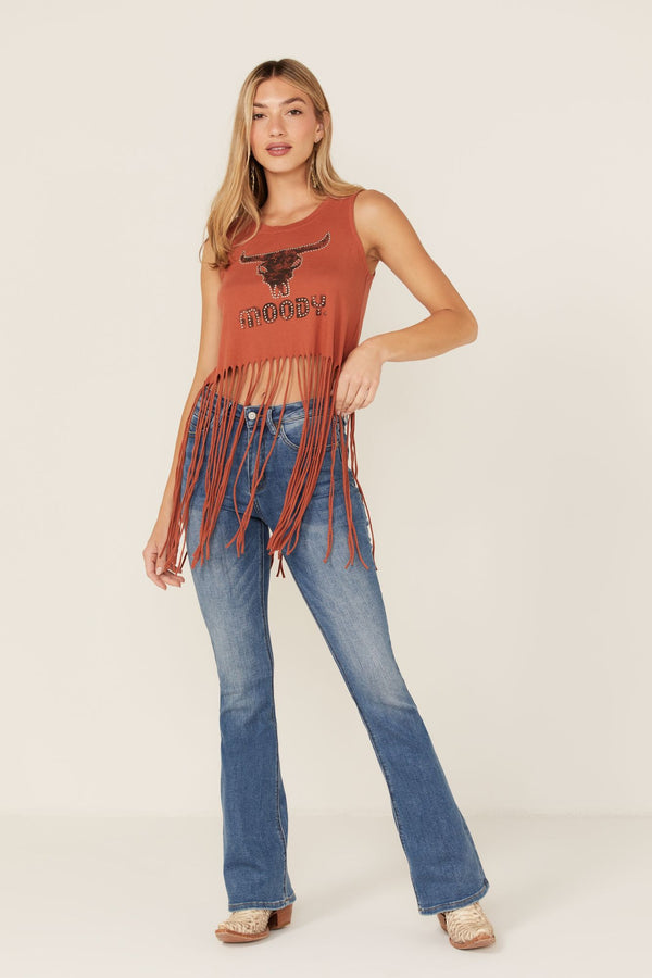 Moody Graphic Fringe Tank Top - Brown