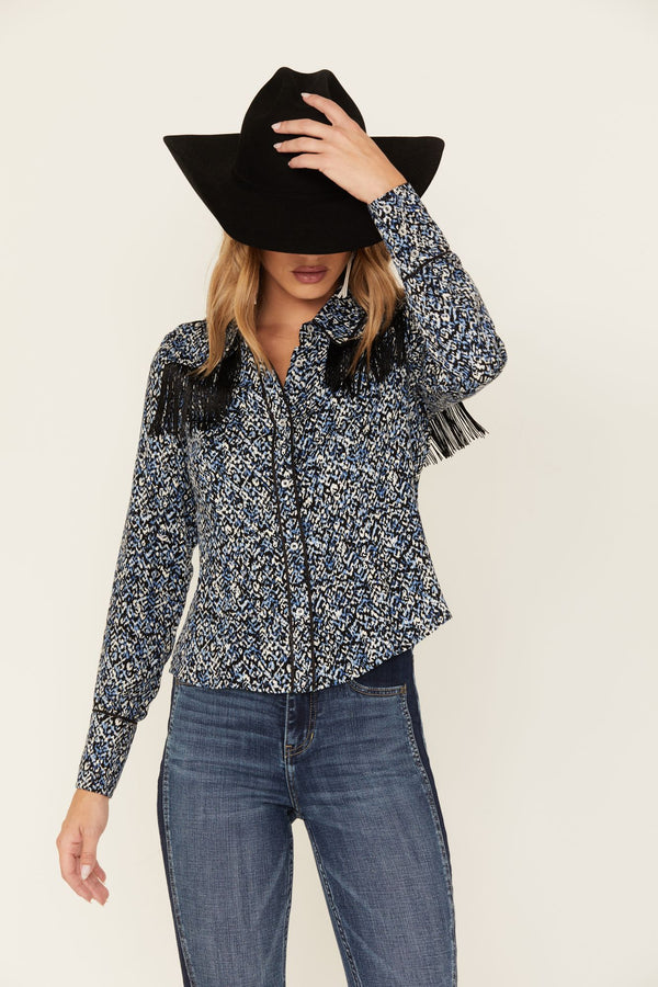 Brooks Button Down Fringe Top - Navy