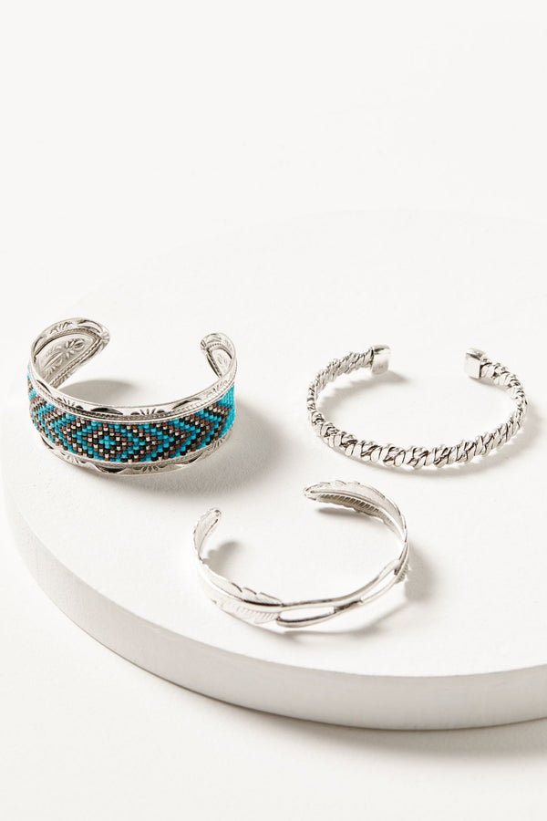 Wesley Court Feather Turquoise Cuff Bracelet Set - 3-Piece - Silver